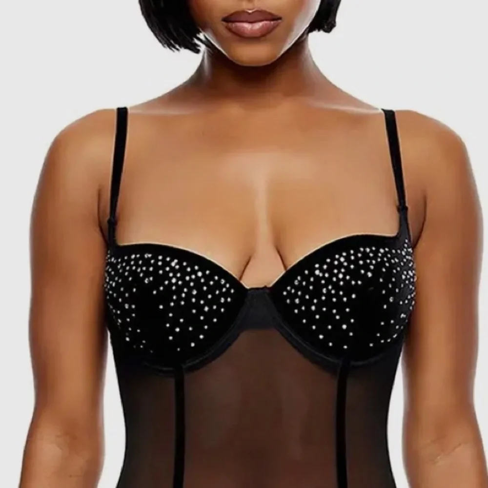 STUNNING! Black Velvet Rhinestone Sheer Bodysuit - Picture 4 of 7